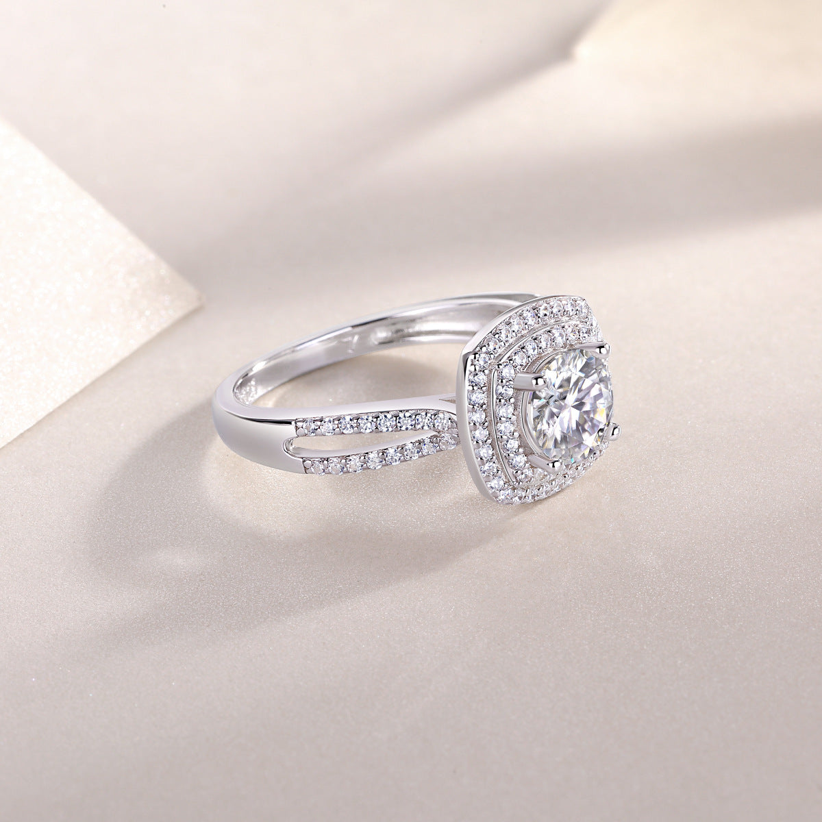 925 Sterling Silver 1 Carat Moissanite Engagement Ring – Cushion Cut Double Row Design