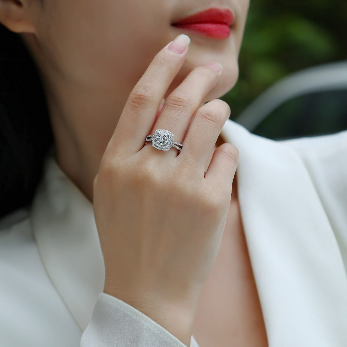 Cushion-cut moissanite engagement ring