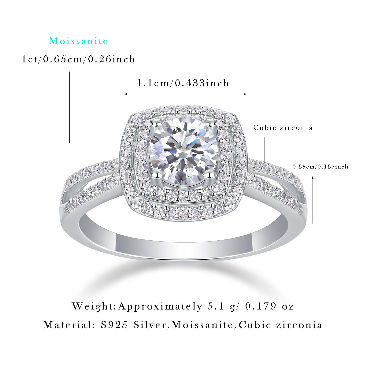 925 Sterling Silver 1 Carat Moissanite Engagement Ring – Cushion Cut Double Row Design