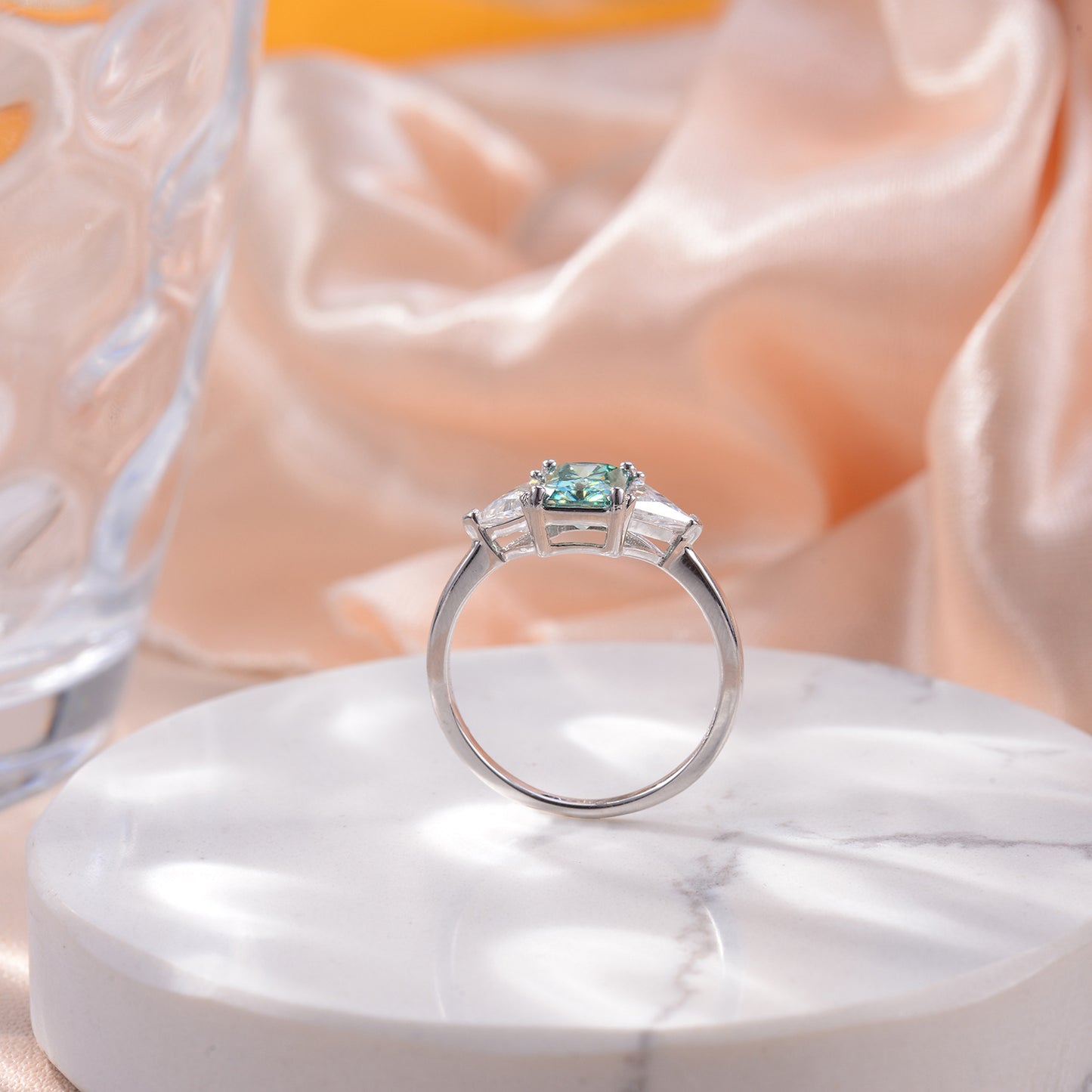 2 Carat VVS Radiant Cut Blue-Green Moissanite Ring with Trillion Cut Side Stones – 925 Sterling Silver