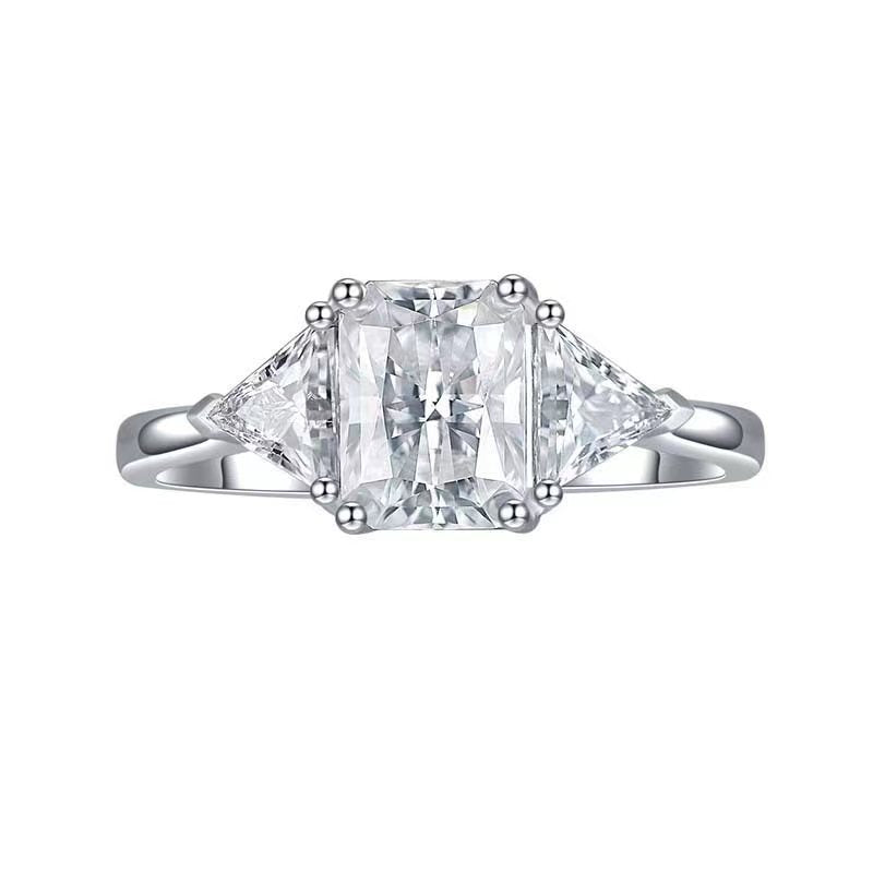 2 Carat VVS Radiant Cut Moissanite Ring with Trillion Cut Side Stones – 925 Sterling Silver