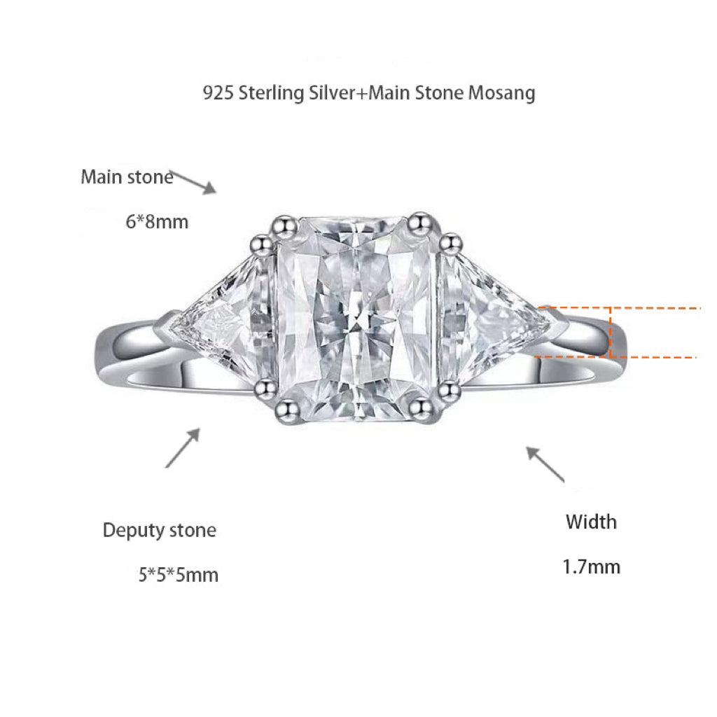 2 Carat VVS Radiant Cut Moissanite Ring with Trillion Cut Side Stones – 925 Sterling Silver