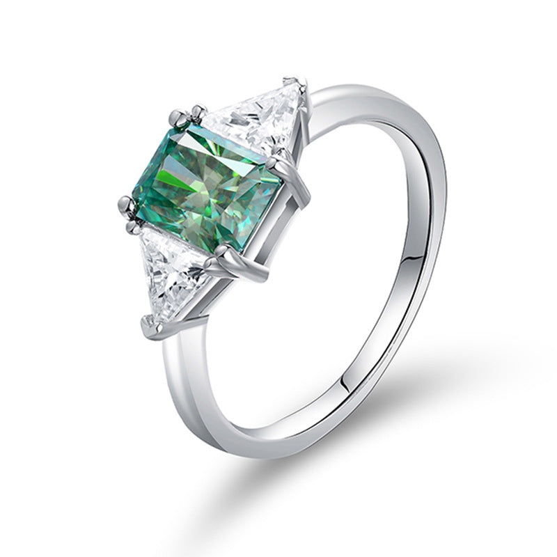 2 Carat VVS Radiant Cut Blue-Green Moissanite Ring with Trillion Cut Side Stones – 925 Sterling Silver